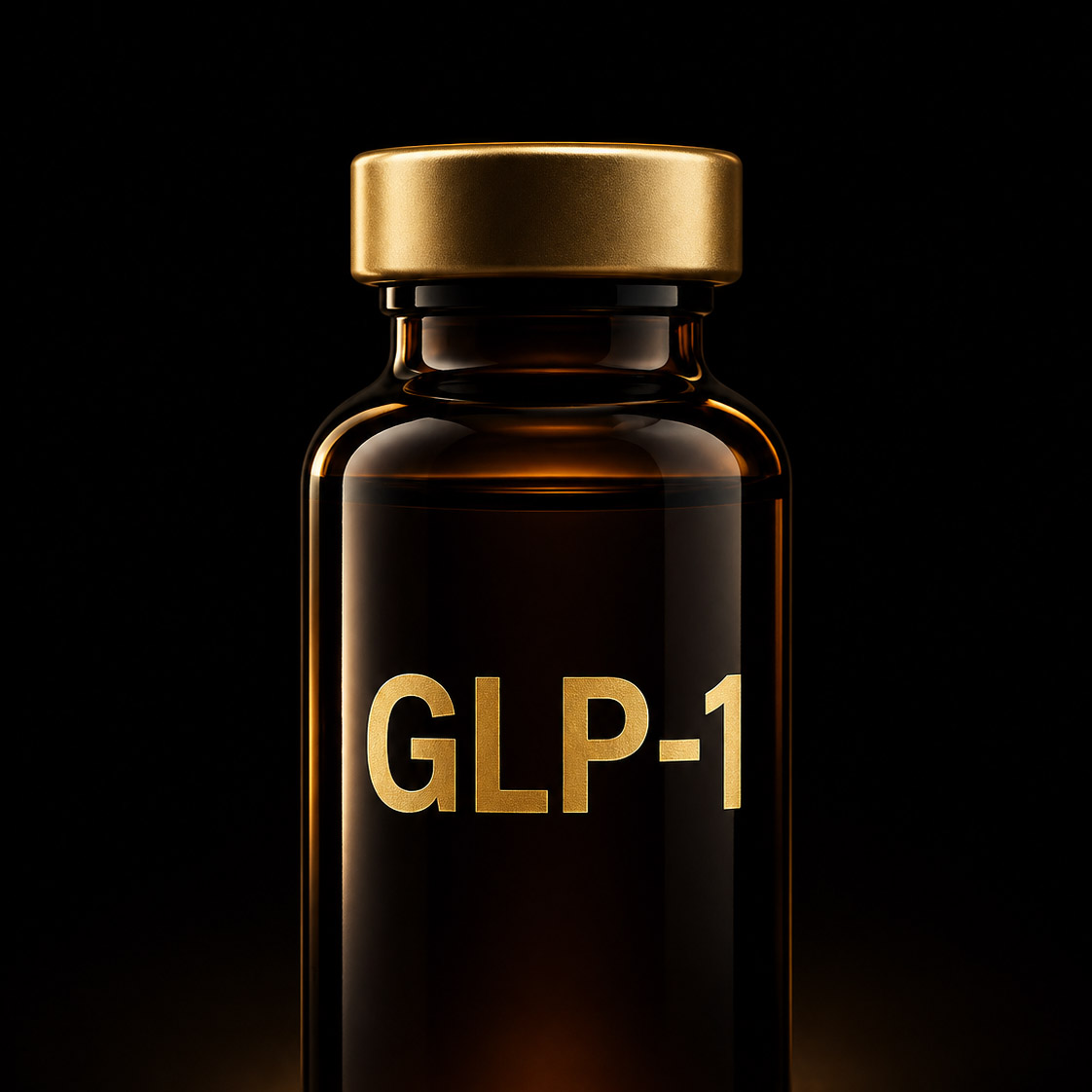 Amber GLP-1 medication vial in warm light.