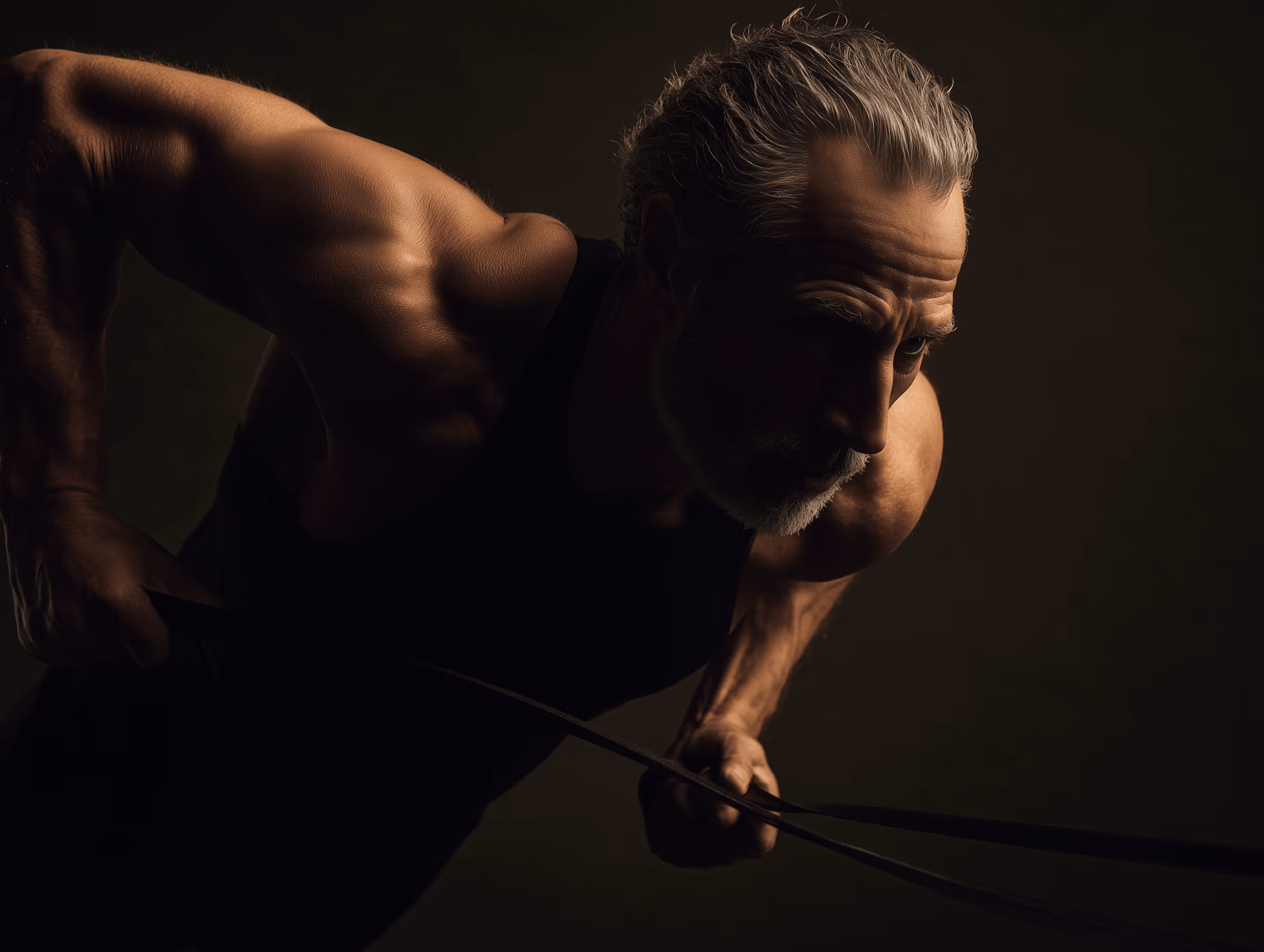 Man training with weights in a dark gym.