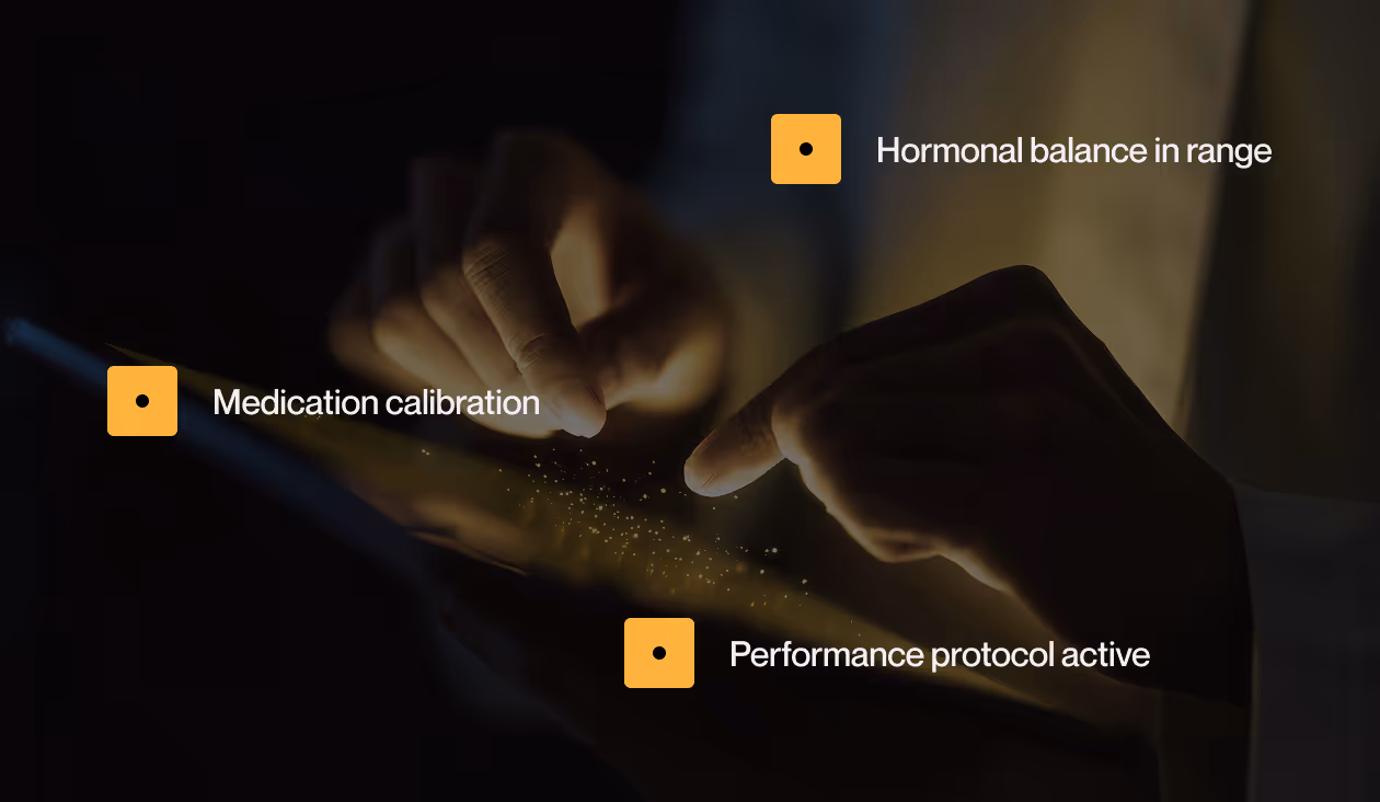 Close-up of a hand and watch with clinical status chips: hormonal balance in range, medication calibration, performance protocol active.