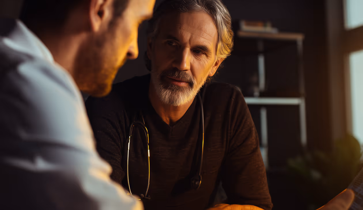 Physician reviewing progress data in warm light.
