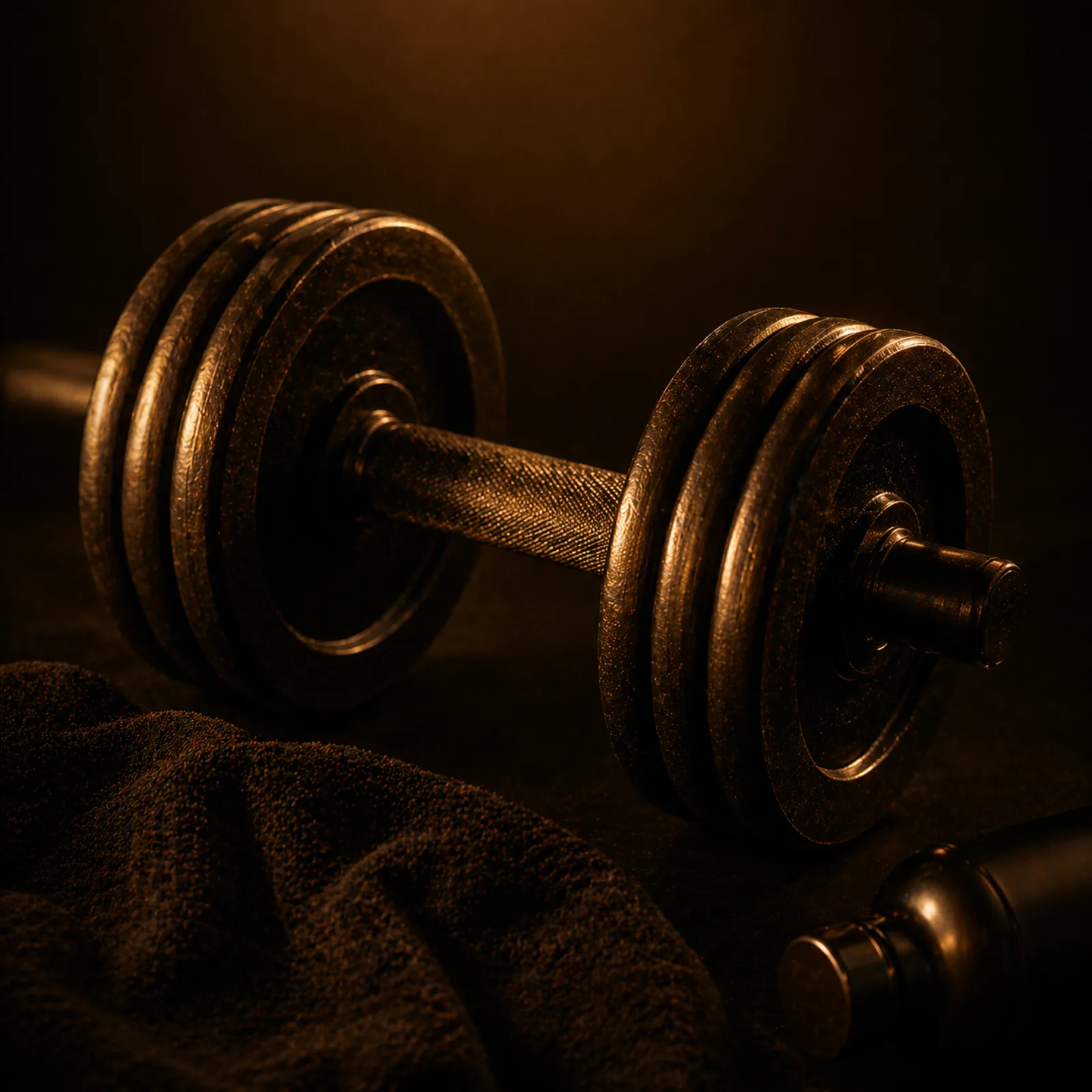 Dumbbells on a rack in warm low light.